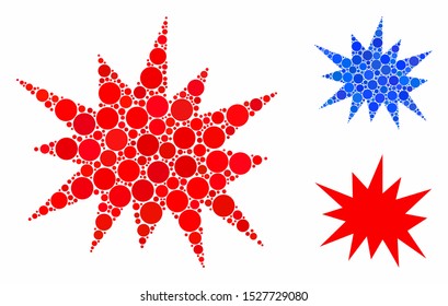 Bang mosaic of round dots in various sizes and color hues, based on bang icon. Vector round dots are composed into blue collage. Dotted bang icon in usual and blue versions.
