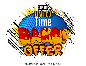 Bang Offer Comic book style advertisement text. Words effect on bright  abstract background. Quote on colorful banner, template. Cartoon vector illustration.