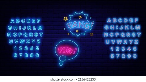 Bang and Pow neon clouds. Comics concept. Speech bubbles signs pack. Shiny blue alphabet. Pop art design. Emotion concept on brick wall. Editable stroke. Vector stock illustration