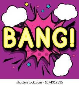 Bang - retro lettering with shadows, halftone pattern on retro poster  background. Vector bright illustration in vintage pop art style.