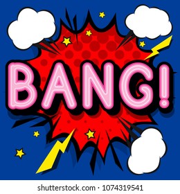 Bang - retro lettering with shadows, halftone pattern on retro poster  background. Vector bright illustration in vintage pop art style.
