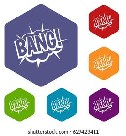 Bang, speech bubble explosion icons set hexagon isolated vector illustration
