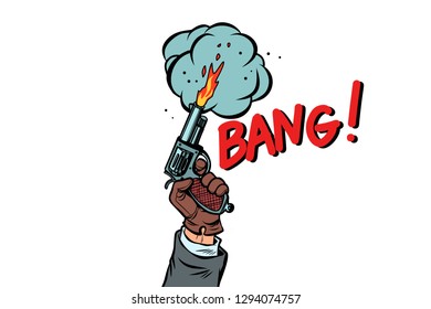 bang the starting gun isolate on white background. Comic cartoon pop art retro vector illustration drawing