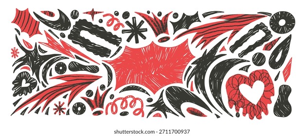 Caixa de texto Bang, conjunto de plano de fundo de formas geométricas abstratas de crayon. Geometria, forma livre orgânica mista mídia figuras desenhadas à mão ingênuas. Estrelas, setas, adesivos de colagem em forma de coração. Ilustração vetorial