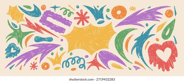 Bang text box and crayon abstract geometric shapes background. Geometry, organic funky abstract hand drawn doodle figures. Collage sticker with stars, arrows, heart shape. Vector handmade illustration