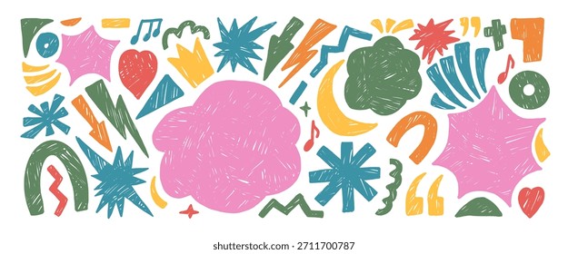 Bang cuadros de texto de crayón de fondo naive. Conjunto de garabatos dibujados a mano de figuras geométricas y abstractas. Nota de música, relámpagos, flechas, pegatinas de corazón. Ilustración de colores pastel al óleo gráfico de Vector aislado.