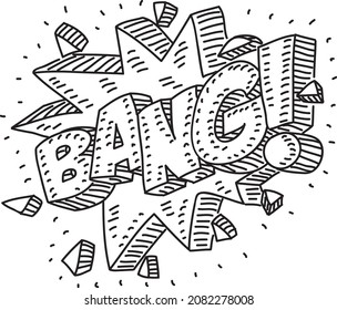 ¡Bang! Etiqueta del doodle vectorial. Ilustración esquemática.