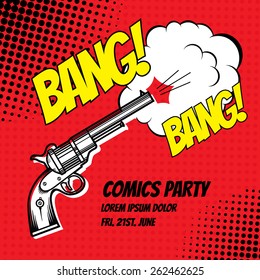 BANG! Vector poster comic strip style with halftone effect. Shot from revolver.