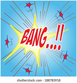 Bang wording in comic speech bubble style on blue background 