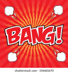 BANG! wording in comic speech bubble in pop art style on burst background 
