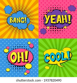 Bang! Yeah! Oh! Cool! Dynamic modern fluid mobile for sale banners set. Sale banner template design,  Comic speech bubbles. Pop art vector label isolated  illustration. Vintage comics book poster on c