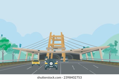 Bangabandhu Sheikh Mujib Tunnel in Bangladesh illustration, Road tunnel concept. Horizontal mountain landscape with entrance to the tunnel. Vector illustration in flat style