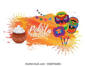 Bangali New Year Pohela Boishakh Background Design With Sweets, Mask and Floral Ornaments