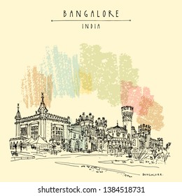 Bangalore (Bengaluru), Karnataka, India. Beautiful Bangalore palace. Travel sketch. Vintage hand drawn postcard template. Vector illustration