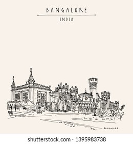 Bangalore (Bengaluru), Karnataka, India. Hermoso palacio de Bangalore. Dibujo de viaje. Plantilla de postal antigua dibujada a mano. Ilustración del vector