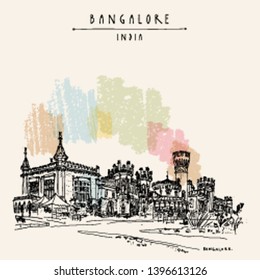 Bangalore (Bengaluru), Karnataka, India. Beautiful Bangalore palace. Travel sketch. Vintage hand drawn postcard template. Vector illustration