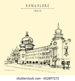 Bangalore (Bengaluru), Karnataka, India. Building in Neo-Dravidian style. Travel sketch. Vintage hand drawn postcard template. Vector