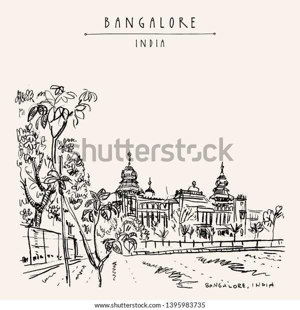 Bangalore (Bengaluru), Karnataka, India.\
Building in Neo-Dravidian style. Travel sketch. Vintage hand drawn\
postcard template. Vector\
illustration