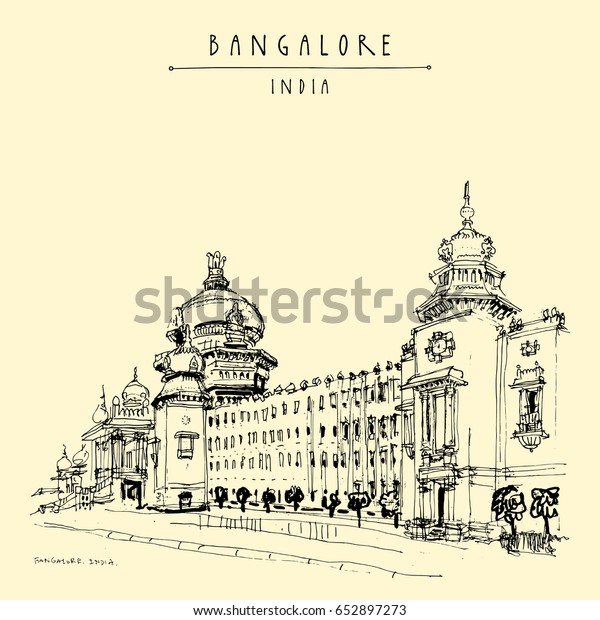 Bangalore (Bengaluru), Karnataka, India. Building\
in Neo-Dravidian style. Travel sketch. Vintage hand drawn postcard\
template. Vector