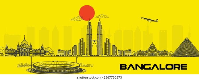 Bangalore City Landmarks Illustration: Infosys Pyramid and Chinnaswamy Stadium