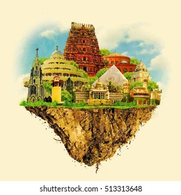 BANGALORE city on floating land vector water color illustration 