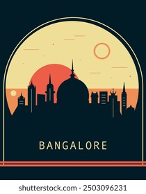 Bangalore city retro style poster with skyline, cityscape. India, Karnataka state vintage vector illustration. Travel front cover, brochure, flyer, leaflet template, layout image