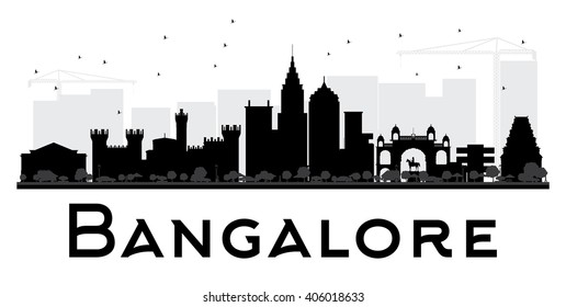 Bangalore City skyline black and white silhouette. Vector illustration. Simple flat concept for tourism presentation, banner, placard or web site. Business travel concept. Cityscape with landmarks