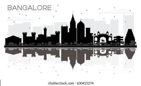 Bangalore City skyline black and white silhouette with reflections. Vector illustration. Simple flat concept for tourism presentation, banner, placard or web site. Cityscape with landmarks.