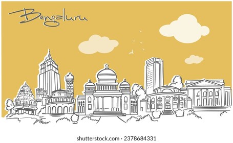 Esquina de la ciudad de Bangalore con Edificios Históricos, Ilustración Vector simple.