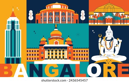 Bangalore culture travel set, famous architectures and specialties in flat design. Business travel and tourism concept clipart. Image for presentation, banner, website, advert, flyer, roadmap