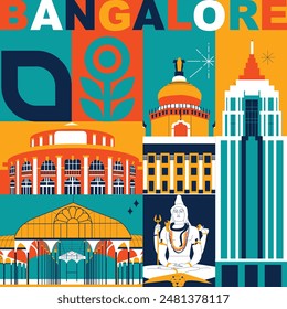 Bangalore culture travel set, famous architectures and specialties in flat design. Business travel and tourism concept clipart. Image for presentation, banner, website, advert, flyer, roadmap