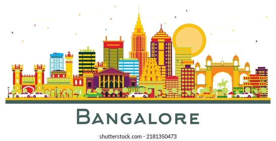 Bangalore India City Skyline with Color Buildings Isolated on White. Vector Illustration. Business Travel and Tourism Concept with Historic Architecture. Bangalore Cityscape with Landmarks.