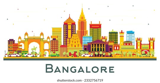 Bangalore India City Skyline con edificios de color aislados en blanco. Ilustración vectorial. Concepto de viajes de negocios y turismo con arquitectura histórica. El paisaje urbano de Bangalore con monumentos.