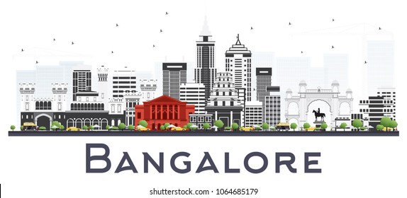 Bangalore India City Skyline with Gray Buildings Isolated on White. Vector Illustration. Business Travel and Tourism Concept with Historic Buildings. Bangalore Cityscape with Landmarks.