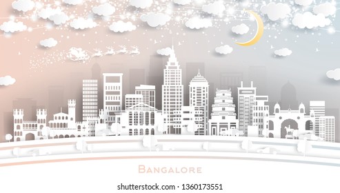 Bangalore India City Skyline in Paper Cut Style with Snowflakes, Moon and Neon Garland. Vector Illustration. Christmas and New Year Concept. Santa Claus on Sleigh.