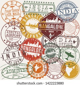 Bangalore India Set of Stamps. Travel Stamp. Made In Product. Design Seals Old Style Insignia.