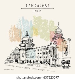 Bangalore, Karnataka, India. Building in Neo-Dravidian style. Travel sketch. Vintage hand drawn postcard template. Vector illustration