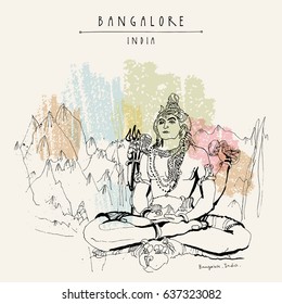 Bangalore, Karnataka, India. Shiva statue at Shiva temple. Travel sketch. Vintage hand drawn postcard template. Vector illustration