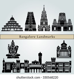 Bangalore landmarks and monuments isolated on blue background in editable vector file