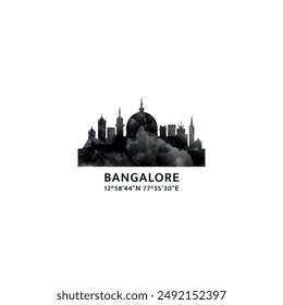 Bangalore panorama, vector badge, skyline logo and icon. India, Karnataka city horizon logotype with landmarks and building silhouettes. Isolated foggy abstract gradient graphic