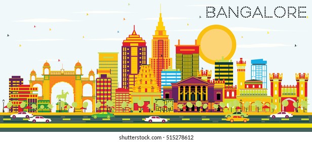 Bangalore Skyline with Color Buildings and Blue Sky. Vector Illustration. Business Travel and Tourism Concept with Historic Architecture. Image for Presentation Banner Placard and Web Site.