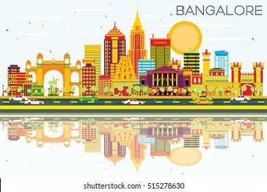 Bangalore Skyline with Color Buildings, Blue Sky and Reflections. Vector Illustration. Business Travel and Tourism Concept with Historic Architecture. Image for Presentation Banner Placard and Web