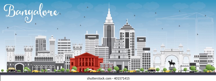 Bangalore Skyline with Gray Buildings and Blue Sky. Vector Illustration. Business Travel and Tourism Concept with Historic Buildings. Image for Presentation Banner Placard and Web Site.