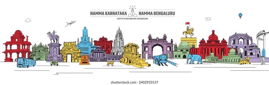 Esquina de Bangalore con Edificios Históricos y un bosquejo de la ciudad de Bangalore, vector de ilustración en color de Karnataka.