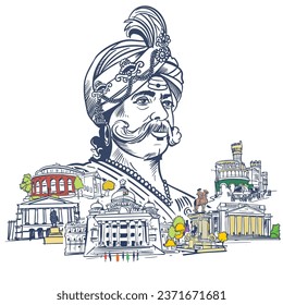 Bangalore Skyline with Kempe Gowda and Historic Buildings. Vector Illustration.