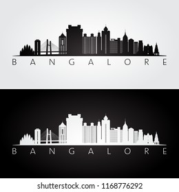 Bangalore skyline and landmarks silhouette, black and white design, vector illustration.