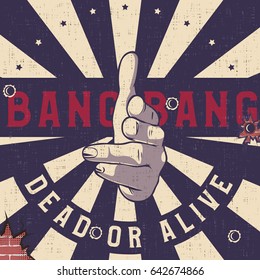 Bang-bang hand gun gesture sign, Vintage explosion background. Shooting fingers pointing on camera (viewer).