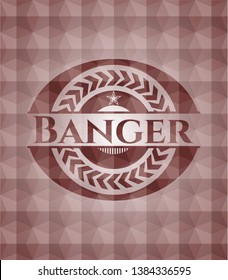 Banger red emblem or badge with abstract geometric pattern background. Seamless.