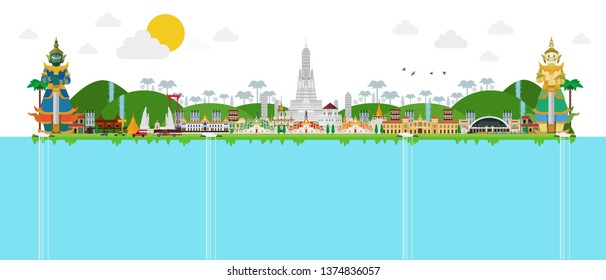 Bangkok and across Thailand. with attractions, landmark. vector illustration