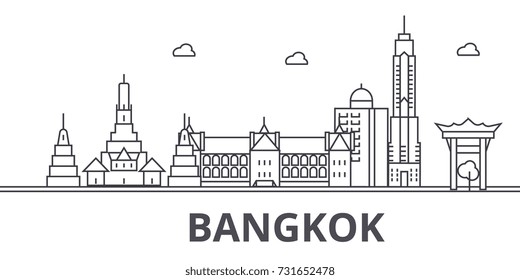 Bangkok architecture line skyline illustration. Linear vector cityscape with famous landmarks, city sights, design icons. Landscape wtih editable strokes